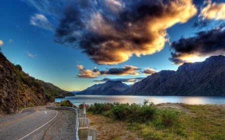 Road - lake, road, water, clouds, nature