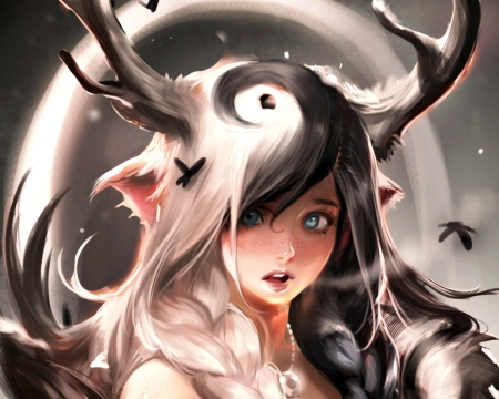 Yin-Yang - face, black, sakimichan, girl, art, white, fantasy, yiin yang, luminos, horns