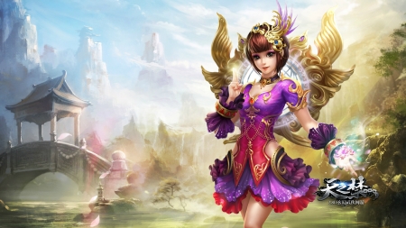 Fantasy girl - red, purple, pink, cute, beauty, game, girl, fantasy, luminos