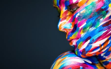 Painted face - profile, blue, girl, pink, orange, white, rainbow, woman, model, face, painted