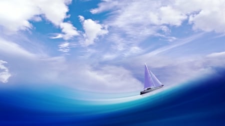 Endless sea - white, water, summer, blue, ship, cloud, sea, sky