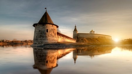 a russian castle wing in a lake - lake, reflection, wing, castle, tower, sunrise