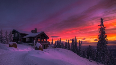 mountaintop home in a gorgeous sunset - hose, trees, mountain, winter, sunset, colors