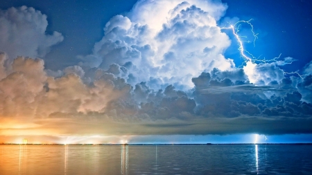 lightning storm in the clouds hdr - storm, clouds, shore, hdr, sea, lightning, sky