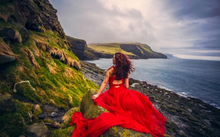 :) - mood, coast, dress, red dress, girl, ocean, sunset, the Faroe Islands, model, Denmark, Atlantic Ocean