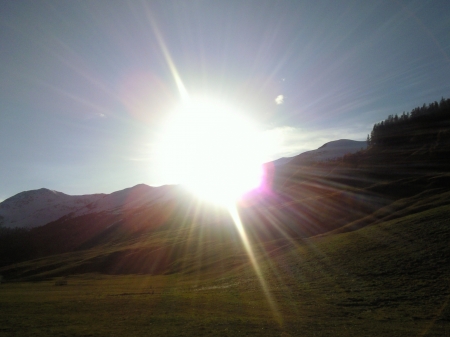 good sunny mountain time... - sky, rainbow, mountain, forests, river, sunset