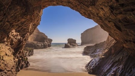 beautiful cave on a beach - cave, rocks, beach, sea, mist