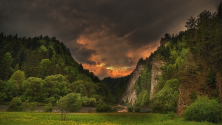 river in forest valley at sunset - valley, forest, clouds, river, sunset, mountains, rocks