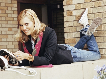 Maggie Grace - jeans, blond, scarf, blazer, bracelet