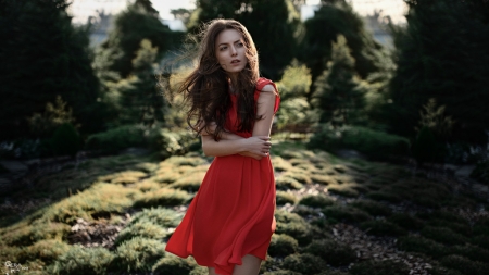 Marina Shimkovich - dark hair, flowers, trees, Red dress