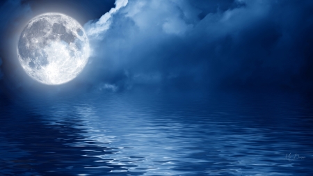 Another Full Moon - sky, lake, clouds, full moon, fireafox persona theme, sea, ocean, blue