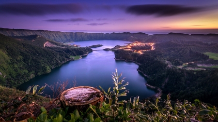 gorgeous lake on the an azore island - lake, dusk, town, lights, island