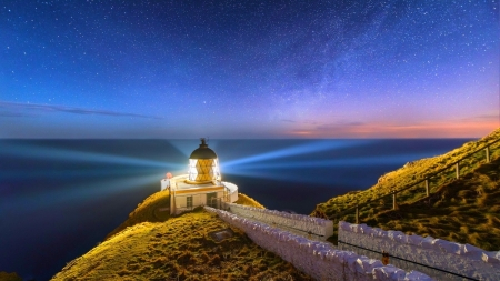 lighthouse in scotland shining brightly - stars, lighthouse, cliff, light, night, sea