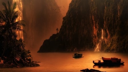 fantasy landscape - boats, waterfalls, fantasy, brown, cliffs, gorge