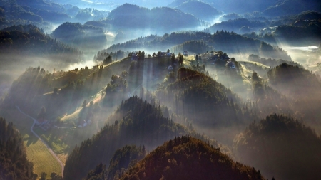 hilltops village in a foggy valley - village, valley, hills, trees, fog