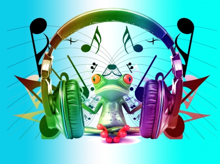 Connected to music - purple, headphones, pink, frog, funny, fantasy, blue green