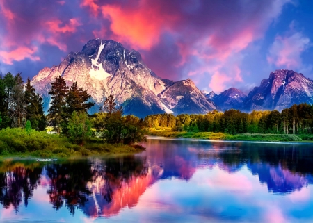 Landscape with mountain and lake - clouds, amazing, beautiful, tranquil, reflection, peaks, mountain, colorful, serenity, lake, sky, rocks