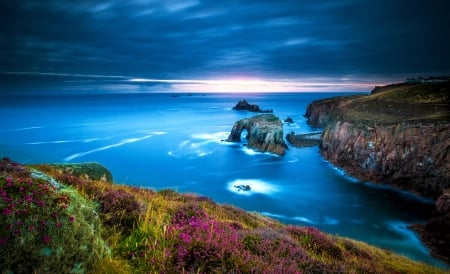 Beautiful coastal view - sky, ocean, landscape, rocks, coast, view, beautiful, clouds, sea, wildflowers