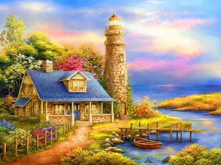 Evening lights - pretty, house, coast, lighthouse, beautiful, boat, evening, sea, ocean, paintning, shore, lights, peaceful, art, cottage