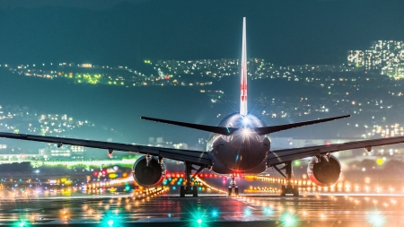 plane taking off into colorful lights - runway, night, city, plane, colors, lights