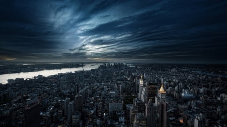 panoram of new york city at dusk - dusk, panorama, river, city, urban