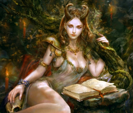 Forest demoness - skull, woman, beauty, girl, forest demoness, book, fantasy, horns, art, andrey vasilchenko, luminos