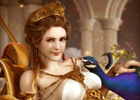 Queen - soa lee, bird, tiara, blue, queen, crown, girl, beauty, frumusete, fantasy, peacock, woman, art, luminos