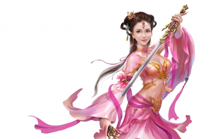 Fantasy girl - sword, pink, beauty, game, girl, frumusete, white, fantasy, asian, luminos, woman