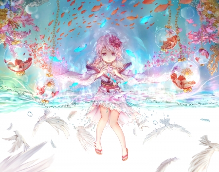 Underwater world - xuan ying, anime, water, blue, girl, orange, manga, bubbles, zhuo ying, fish