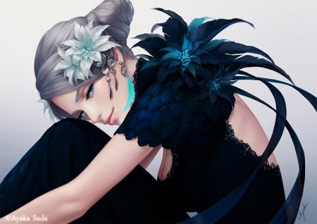 Beauty - feather, flower, black, suda ayaka, beauty, anime, girl, frumusete, blue, manga, white, luminos, woman