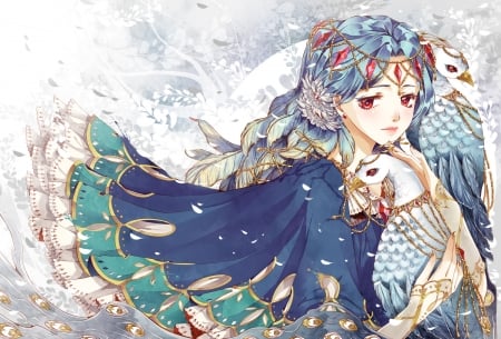 Peacock Lady - stone, anime, blue, girl, jewel, manga, white, peacock, lady, red, carol ke, art, luminos