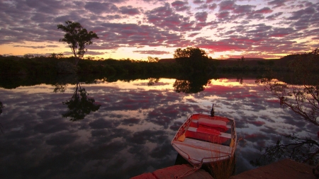 Chamberlain River, Australia - clouds, sunset, boat, reflection, sky