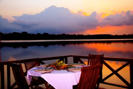 Etem Lagoon, Vanuatu - veranda, table, chairs, sea, reflection