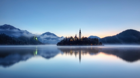 Bled  Slovenia - fog, Slovenia, evening, landscape, reflection, sunset, nature, lights, lake, sky, Bled, Lake Bled