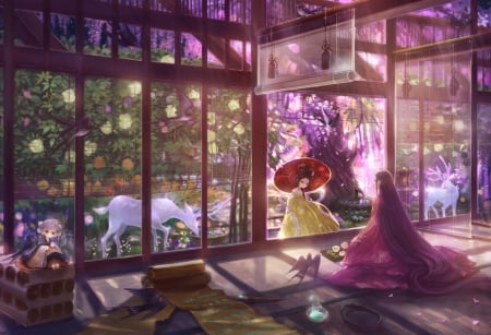 Kaguya Hime - girls, room, long hair, japanese, orginal, fantasy, spirit, art, japan, kimono, indoor