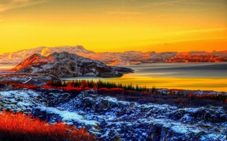 Ocean Sunset - clouds, mountain, rocks, sky