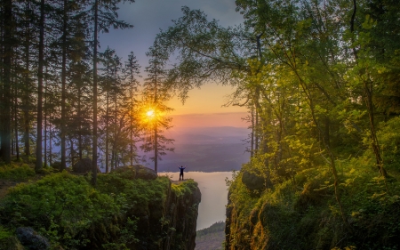 Glorious Forest Sunset - trees, sunset, people, nature, forest, mountains