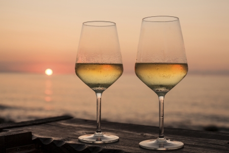 Wine  for Two - wine, white, sunset, glasses, beach, two