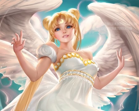 Moon power - anime, blue, blonde, angel, sakimichan, princess, art, luminos, girl, feather, beauty, frumusete, manga, fantasy, white, moon power, wings, serenity