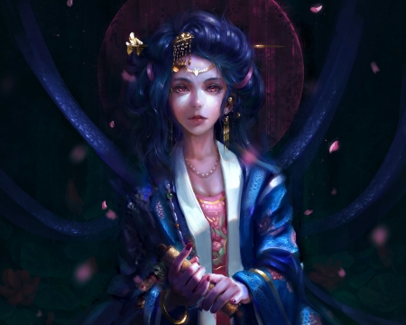 Silent queen - blue, girl, kimono, petals, pink, jewel, silent queen, black, fantasy, white, woman, feihong chen, art, asian, cheng li, luminos