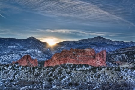 Garden of the Gods, Colorado - sky, landscape, clouds, sun, stones, rocks