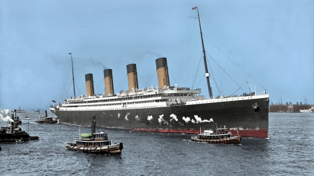 RMS Titanic - ocean, wreck, ireland, 1912, dock, water, launch, colorised, rare, rms, ship, vintage, titanic, rms titanic, photo, boat