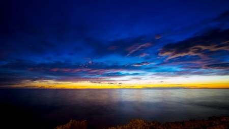 beautiful yellow sea sunset under blue sky - horizon, sky, yellow, blue, sunset, sea