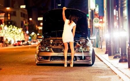 broken down - girl, street, brunette, car