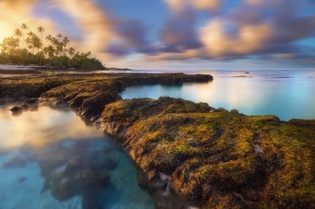 Samoa Sunset - clouds, sea, reflection, Rocks, sky