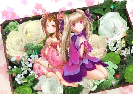 Friends - anime, huazha01, girl, flower, pink, manga, white, green, rose, couple