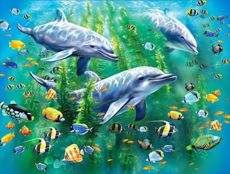 Underwater world - ocean, deep, fish, dolphins, sea, underwater, world