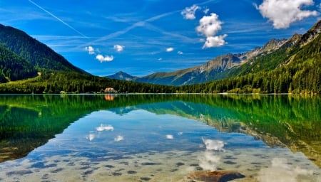 Calm lake - forest, hills, serenity, shore, lake, sky, reflection, mountain, tranquil, calm