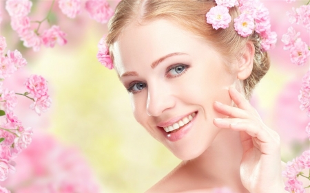 Pretty Face - flowers, face, pink, woman