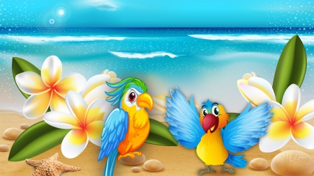 Beach Parrots - parrots, birds, summer, plumeria, beach, sea, frangipani